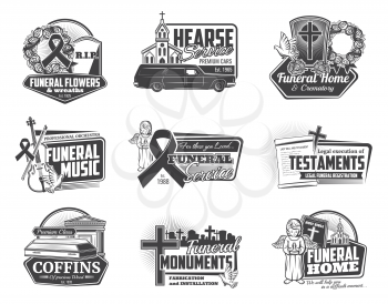 Funeral ceremony and hearse services isolated monochrome logos. Vector burial flowers and wreaths, crematory and orchestra music, testaments and coffins. Installation of monuments, church and angel