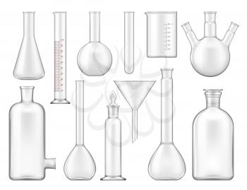 Test tubes, laboratory glassware or beakers isolated icons. Vector chemical flasks mockups, retort and spirit lamps, science and research equipment. Medical glass reservoirs, lab measure equipment