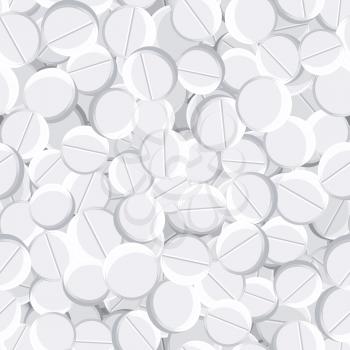 Medical tablets, white pills isolated seamless pattern. Vector pharmaceutical round pills, pain killer and aspirin. Drug tablets, vitamins capsules, pharmacy treatment medication, healthcare backdrop