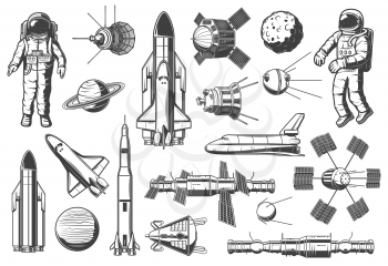 Space and astronomy isolated monochrome icons. Vector spaceman suit and rocketship, aircraft and shuttle, exploration of cosmos. Planet on orbit, rocket and satellite, spacecraft and launch missile