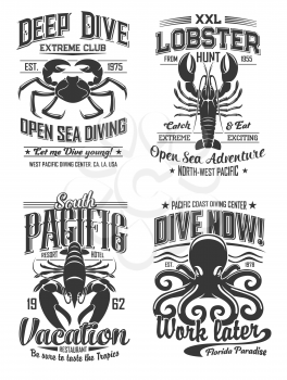 Diving club and seafood restaurant isolated monochrome logos with crab, lobster and octopus marine animals. Vector deep dive and open sea adventures club, pacific vacation and snorkeling paradise