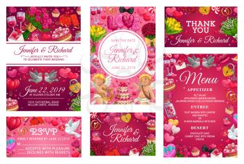 Wedding invitations and response cards on save the date party. Vector bride and groom names calligraphy, menu template rsvp accepts or declines. Cupids, flowers and hearts, gifts and engagement items