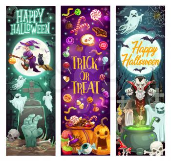Happy Halloween holiday monsters, pumpkins and witch ghosts. Vector Halloween trick or treat party skeleton skull, devil and Dracula vampire with zombie and potion cauldron at cemetery