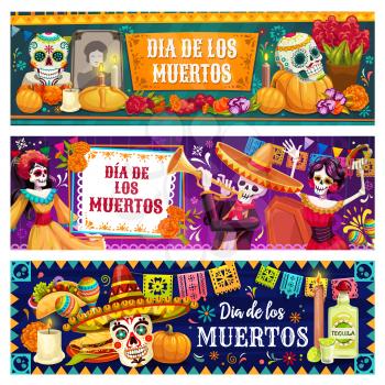 Dia de los Muertos skulls and skeletons vector design of Mexican Day of Dead holiday. Catrina, mariachi and flamenco dancers, sombrero, maracas and sugar calavera, marigold flowers, altar and bunting
