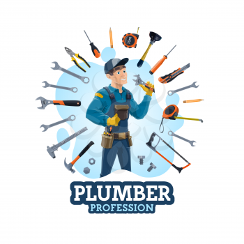 Plumber profession, man and work equipment. Vector emergency plumbing repair services and hand tools. Lunger and screwdriver, pencil and measuring meter, hammer, plunger, wrench and hand saw, spanner