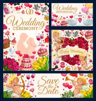 Happy wedding, save the date and engagement ceremony symbols. Vector bridal party, silhouette of bride and groom, flower bouquets and cupids. Marriage day, cake and wine glasses, doves and candle