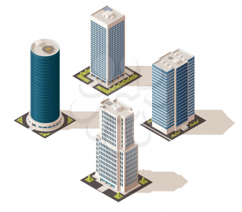 Real estate isolated buildings in 3D isometric design. Vector business centers and office constructions, modern city hotel or hospital. Fashionable houses, multi-storey skyscrapers, high towers