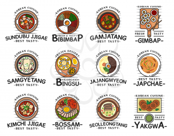 Korean cuisine food, traditional breakfast, lunch and dinner meals, restaurant cafe menu dishes. Vector Korean kimchi jjigae soup, bibimpap, gimbap and gamjatang, bingsu dessert and seolleongtang