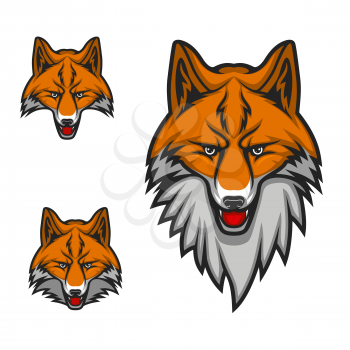 Muzzle of red or yellow fox with white beard isolated cartoon animal. Vector sport game championship competition mascot, head of fox, open mouth and tongue. Emblem of zoo, hunting or wildlife club