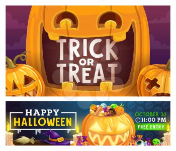 Halloween trick or treat party celebration poster with pumpkin lanterns. Vector Halloween night holiday scary candy sweets, witch hat and broom with candle and zombie skull eye