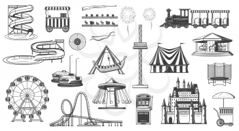 Amusement park attractions isolated monochrome icons. Vector entertainment elements, ferris wheel, carousel, roller coaster, popcorn ice cream machine. Aqua park and train, fireworks, shooting gallery