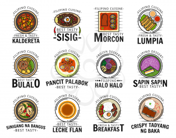 Filipino cuisine food isolated logos. Vector kaldereta and sisig, morcon lumpia, bulalo and pancit palabok, halo sapin, sinigang na bangus, leche flan, crispy tadyang bake meat dishes, pastry dessert