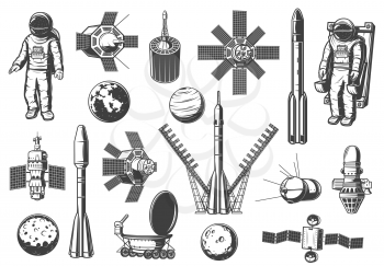Shuttles and rockets, space and astronomy isolated monochrome icons. Vector satellites and spaceships, launch missiles, spaceman suit. Rocketship and aircraft cosmos exploration vehicles and planets