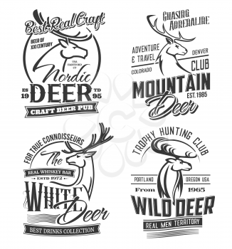 Deer animals silhouettes, hunting and adventure club, craft bar and beer pub isolated monochrome logos. Vector reindeer muzzle, hunter open season. Gazelle or antelope, moose elk head, wild stag deer