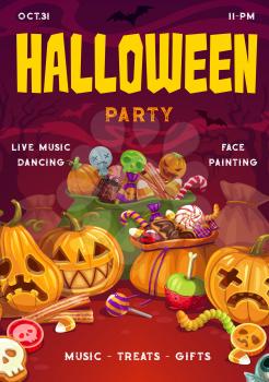 Halloween party, pumpkin lanterns and sacs full of treats. Vector sweet candies and lollipops, jelly worms and eye, horrible trick and treats. Trees and bats silhouettes in dark sky, horror night