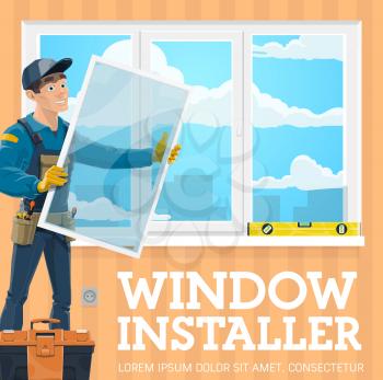 Window installer, windows installation service company. Vector handyman with window frame installing casement, tool kit, level. Male professional worker in uniform, screwdriver and pliers work tools