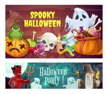 Spooky Halloween party, horrible ghosts, devil and wizard on cemetery. Vector jack-o-lantern pumpkin, skull and sack with sweets. Potion and burning candle, jelly sworn, gravestones and moonlight