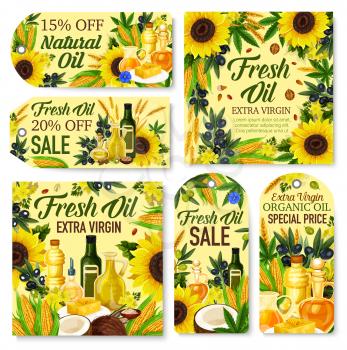 Natural oil vector tags and labels with fresh food ingredients. Olives, corn and sunflower seed, almond, peanut and soybeans, walnut, coconut and rape, flax and wheat frame with bottles and jugs
