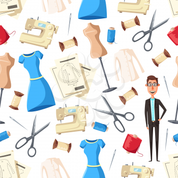 Tailor with sewing tools and equipment seamless pattern background. Vector dressmaker or fashion designer with sewing machines, mannequins and needles, thread, textile and scissors, dresses and shirts