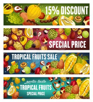 Exotic fruits and berries discount offer vector banners. Tropical pomelo, quince and asian durian, tamarind, sweetsop and kumquat, santol, jabuticaba and marula sale price promotion design
