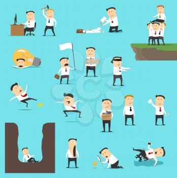 Business failures of unsuccessful businessman vector design. Sad and shocked men get fired, giving up with white flag, falling down and burning up document. Bankruptcy, financial crisis, debts concept