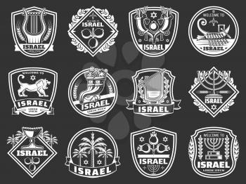 Israel shield badges with judaism religion and culture vector symbols. Star of David, jewish menorah and cornucopia, pomegranate, date palm and Jerusalem lion, israeli king harp and Zebulun boat icons