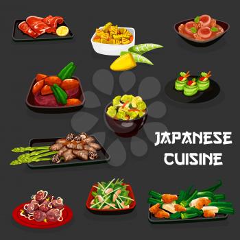 Japanese cuisine vector design of vegetable dishes with meat and seafood. Chicken and pork stews with daikon, turnip, bamboo and miso, tuna cucumber sushi rolls and kobe beef, roast beef, clam salad