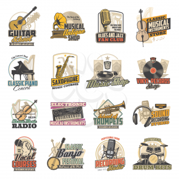 Musical instruments, microphones and sound recording studio equipment vector icons. Guitar, piano and drum, saxophone and trumpet, vintage vinyl player, synthesizer and headphones. Music emblem design