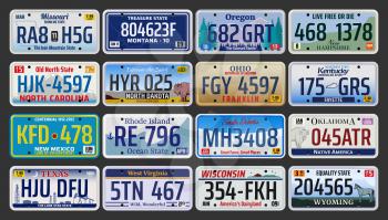 Car number plates vector design with USA vehicle license registration plates of auto, motorcycle and truck. Road transport metal signs of Texas, New Mexico, Oregon, Ohio and Dakota american states