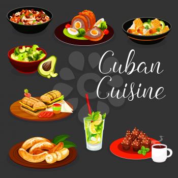 Cuban cuisine meat and vegetable dishes with drinks and desserts vector design. Pork, beef and chicken stews, rice, bean and avocado salads, ham cheese sandwich, coconut mojito, coffee cupcake, banana