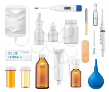 Medicine or pharmacy bottles and medical items 3d vector icons. Drug, pill or vitamin containers, prescription antibiotics and capsules, glass and plastic vials, vaccine ampule, thermometer, syringe