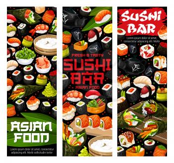 Sushi rolls, nigiri and temaki vector menu of Japanese restaurant. Salmon fish, rice and seaweed maki sushi, tuna uramaki, shrimp gunkan and seafood hosomaki with wasabi, pickled ginger and soy sauce