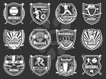Baseball sport game shield badges vector design. Balls, bats and players, championship winner trophy cups, catcher glove, pitcher helmet and stadium play field monochrome icons of sporting tournament
