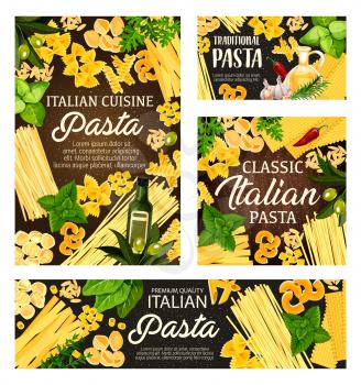 Pasta, spaghetti and macaroni with Italian herbs and spices vector frame on wooden background. Penne, fusilli and farfalle, fettuccine, conchiglie, lasagna and orzo with olives, rosemary and garlic