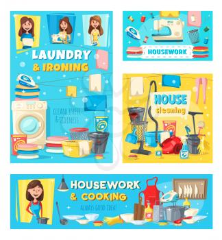 Housework vector design of house cleaning, laundry and ironing, cooking and sewing. Woman, vacuum cleaner, mop and broom, washing machine, iron and detergent, spray, sponge and glove. Household chores