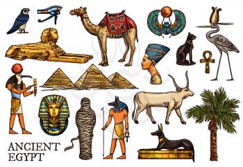 Ancient Egypt vector sketches of religion, travel symbols. God Anubis, pharaon pyramids and sphinx, ankh, mummy and Horus eye, scarab, Tutankhamun, black cat, dog and Nefertiti, heron, falcon, camel