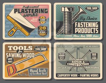 House repair and construction retro posters with vector hand tools of carpentry, painting and plastering works. Hammer, nails and spatula, saw, screw and bolt, hacksaw and brick wall. Hardware store