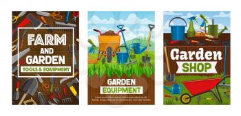 Farming and gardening tools vector posters of garden shop design. Rake, fork and shovel, watering hose and can, trowel, wheelbarrow and pitchfork, axe, saw and scissors on green grass lawns with fence