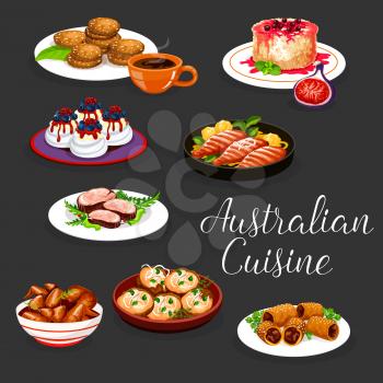 Australian cuisine vector design of beef meat steak, baked potato and lamb in pastry. Grilled chicken wings and perch fish with vegetable, oatmeal cookies, rice fruit pudding and meringue cake pavlova
