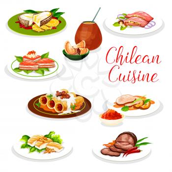 Chilean cuisine dishes vector design of meat, fish and pastry. Empanadas, stuffed salmon and cannelloni pasta with mushroom, grilled fish, pork and beef with fruit and wine sauces, salmon cheese pie