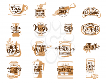 Coffee lettering icons with hot drink and dessert sketches. Vector coffee cups, beans and pots, espresso machine, takeaway mug and grinder, milk, croissant, donut and sugar. Coffee shop, cafe design