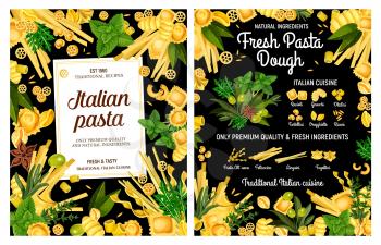 Italian pasta made from fresh macaroni dough with spices and herbs. Vector spaghetti, fettuccine and conchiglie, ravioli, linguini and tortellini, gnocchi, orzo and rotelle, basil, olives and rosemary