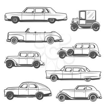 Retro car vector icons of vintage auto and old motor vehicles design. Sedan, cabriolet and hatchback, coupe and minivan monochrome models. Motor show and transportation themes