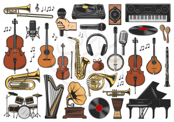 Music vector icons of musical instruments, notes and equipment sketches. Saxophone, piano and guitar, microphones, drums and trumpet, headphones, viola and maracas, vinyl record players and synthesize