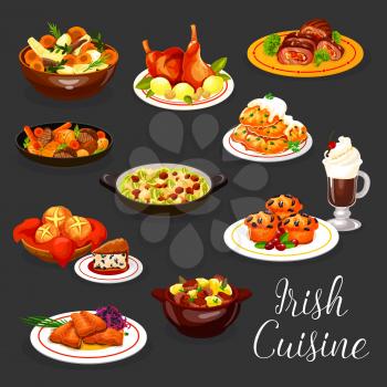 Irish cuisine vector fish and meat with coffee and dessert. Salmon with red cabbage salad, potato pancake, lamb and rabbit vegetable stews, stuffed beef, veggie casserole, berry cupcake and soda bread