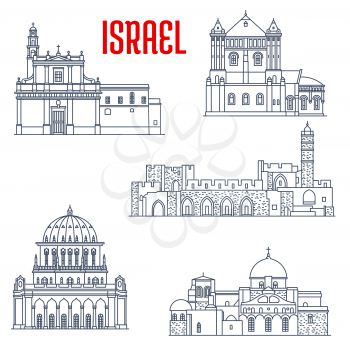 Israel landmarks and architecture, churches and temples buildings, vector icons. Israel sightseeing David Citadel, Church of Sepulchre of Saint Mary, or Tomb of Virgin, Holy Sepulchre and Bahai temple
