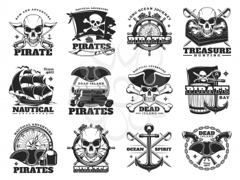 Pirate and treasure hunting icons of skull island and sea ships, vector. Pirate treasures adventure signs of Merry Roger flag with skull crossbones, treasures chest and ship helm with nautical compass