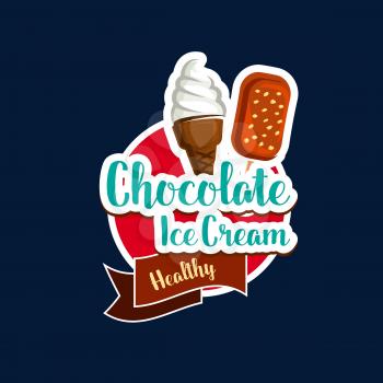 Ice cream chocolate icon, sweet food and desserts, vector. Chocolate ice cream scoop in wafer or sundae sorbet, icecream cafe and gelateria fast food menu or store and shop promo sticker