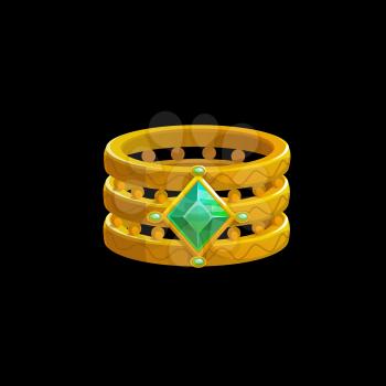 Magic ring of the wizard with green gemstones, vector sorcerer golden jewelry. Fantasy gold witch jewel with precious gem crystals. Cartoon ui element, isolated graphic design asset for computer game