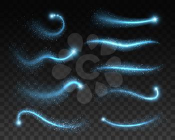 Magic blue sparks, glitters and space stardust light effect and sparkle texture on transparent background. Vector alling star trails and comet tails, wave of magic wand with glowing